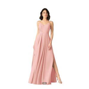 Azazie Everest Bridesmaid Dress Size 6 Rosette Pink Flowy Pleated Chiffon